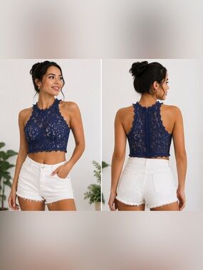Warehouse Navy Lace High-Neck Crop Cami Top